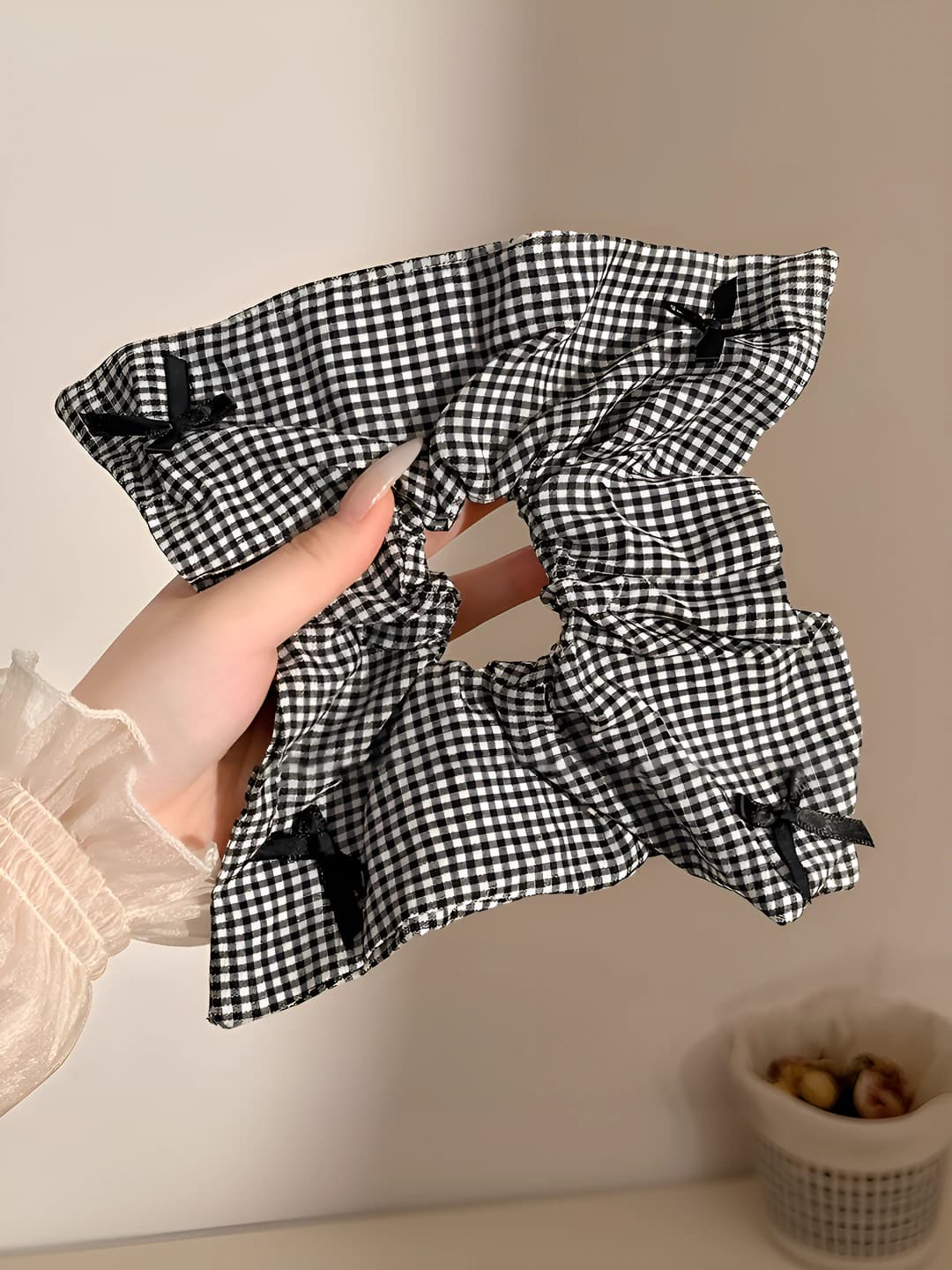 2# Black & white houndstooth bow scarf ~24*24 cm