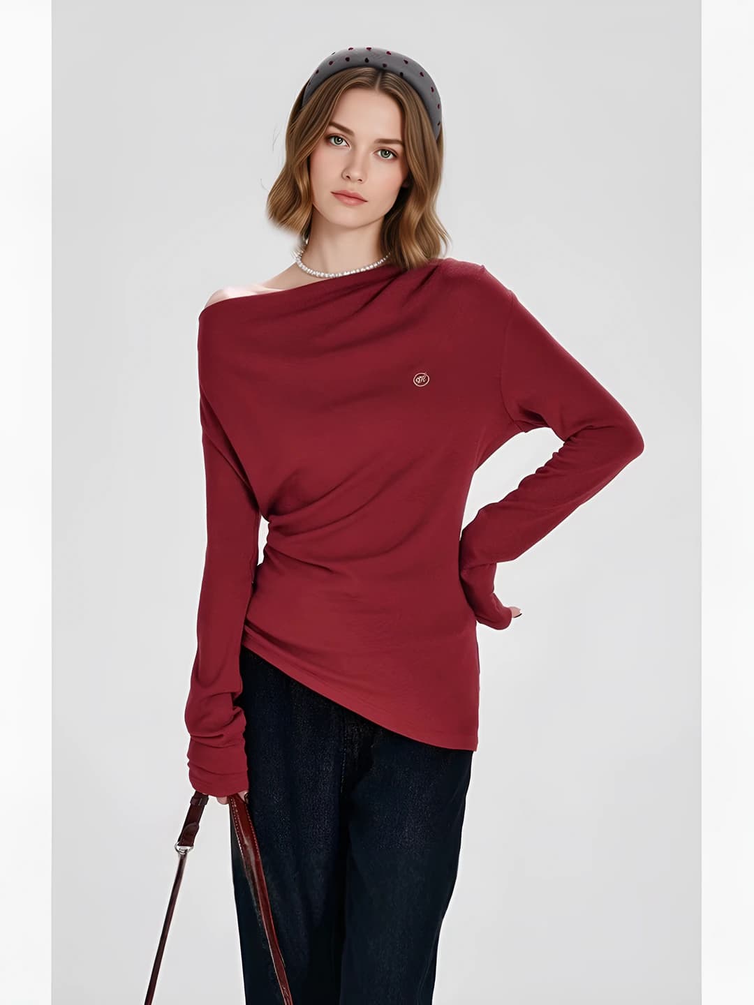 Women's off-shoulder long-sleeve top, slim fit, solid colour, spring-autumn