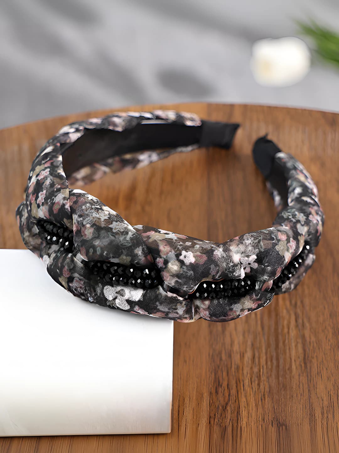 Braided crystal floral headband black