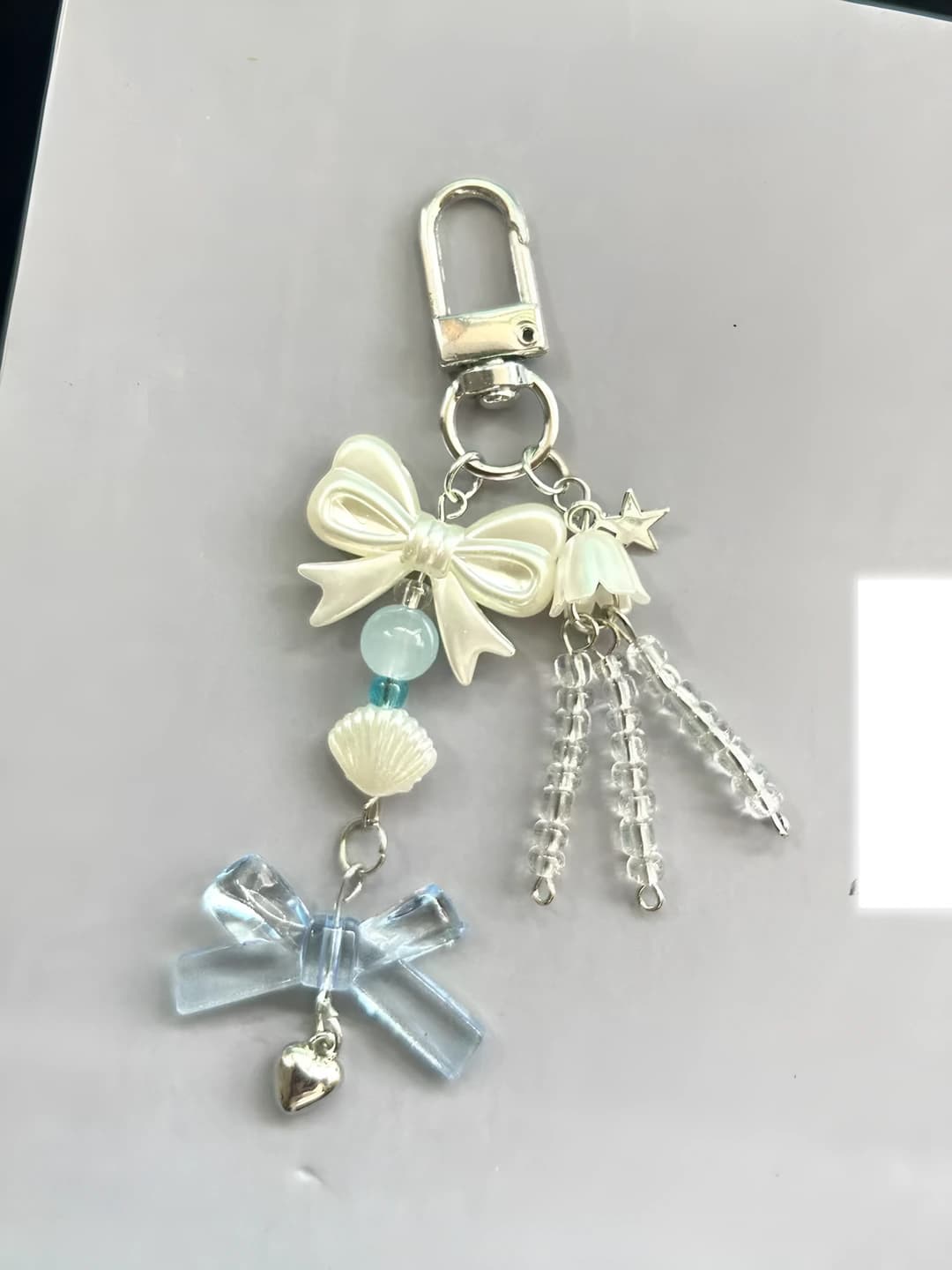 Korean style phone chain and keychain: acrylic with bear, pig, heart and key pattern, semi-handmade, fresh and sweet design element