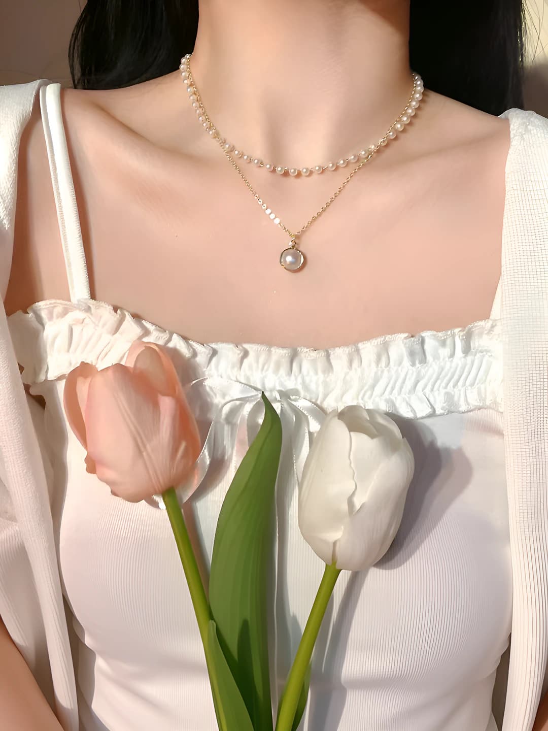 Ayollar uchun ikki qatlamli simlyar perl choker zanjiri, retro uslubda