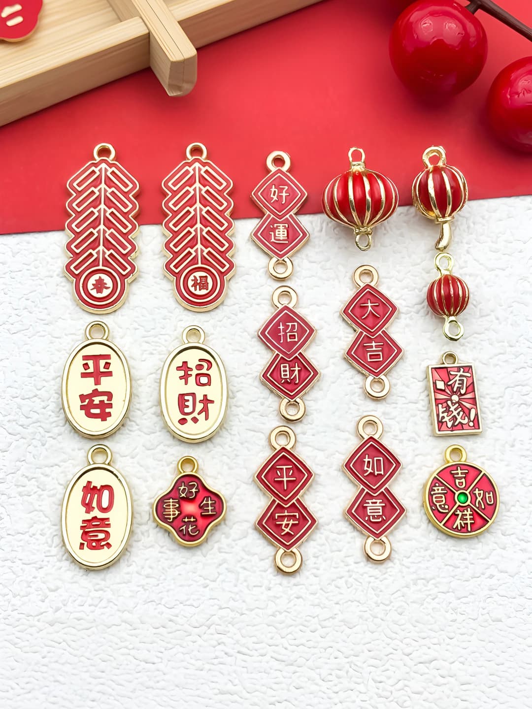 Alloy charms/pendants with red Fu character and firecrackers for 2026 New Year