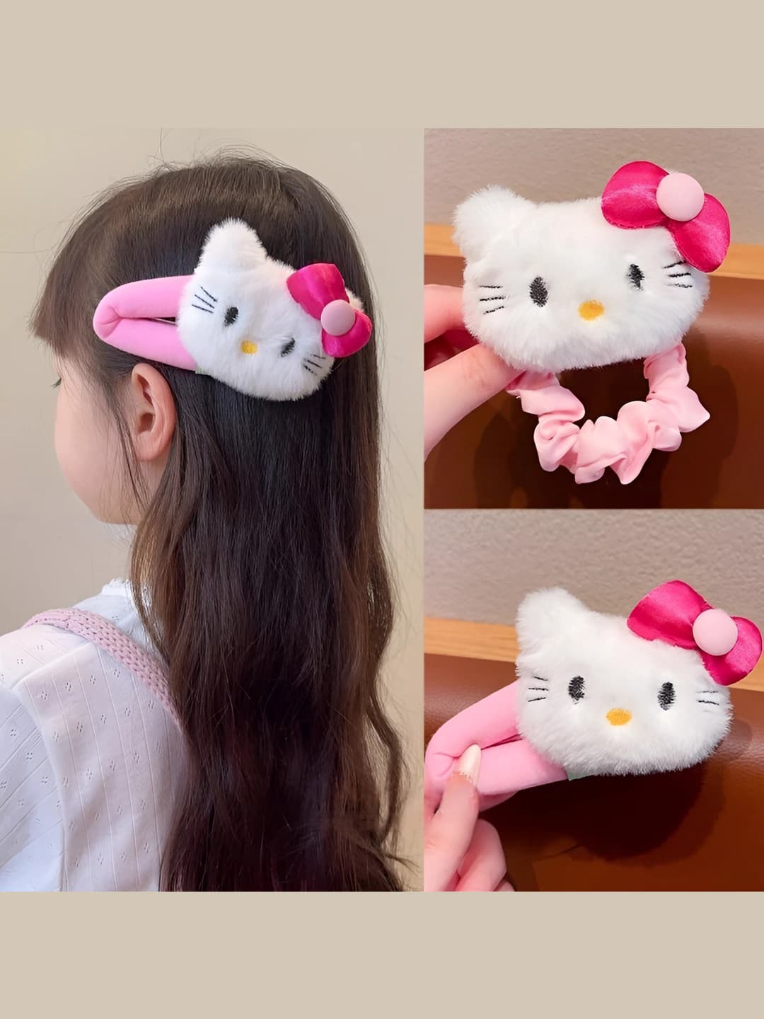 Hello Kitty plush hair clip for girls, angora red color, cartoon style, BB clip