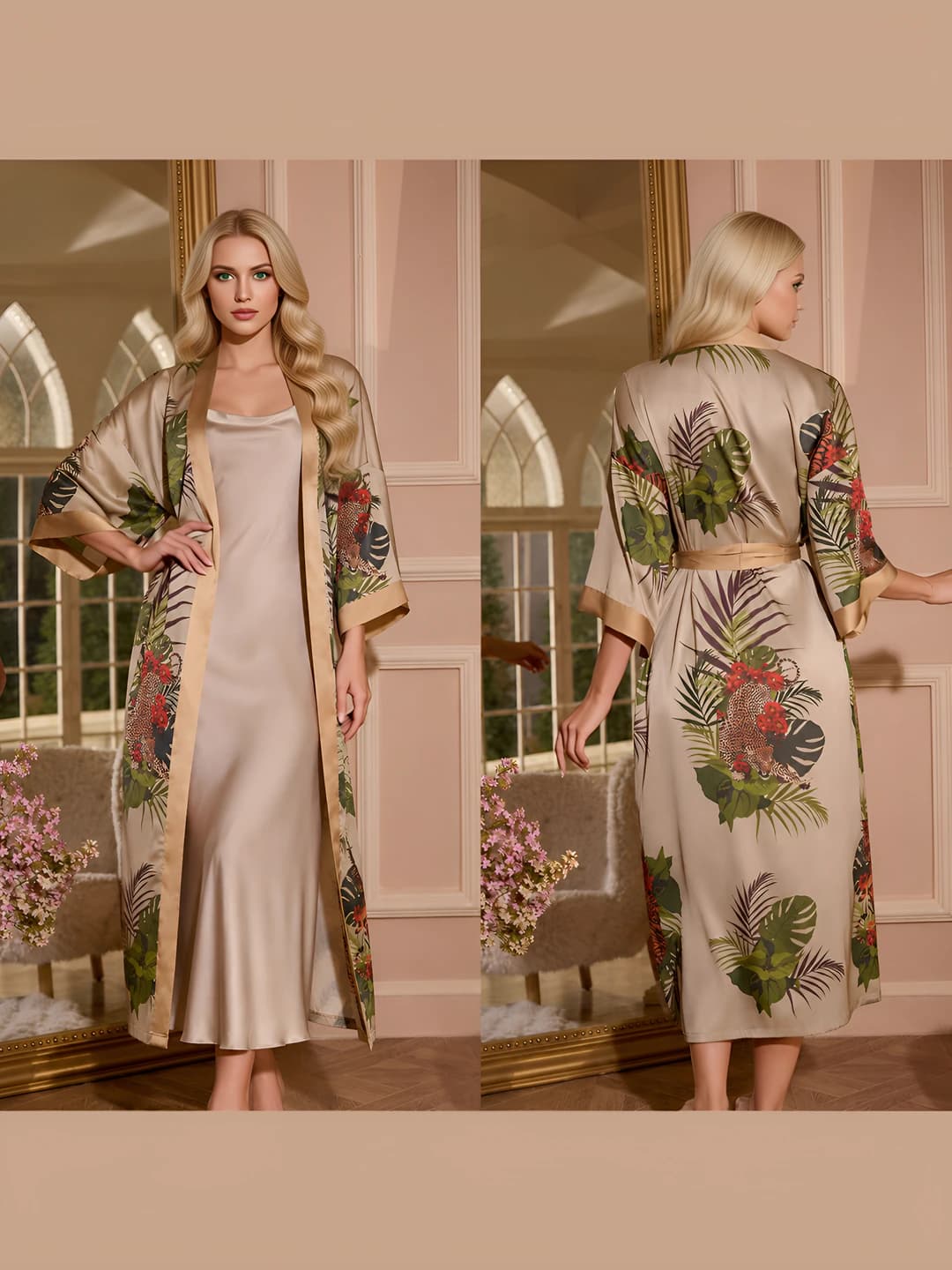 Ayollar uchun bahor-kuzgi satin uy kiyimi to'plami: bo'sh (oversize) pijama, uzun yengli V-yoqali ko'ylak va kamzol