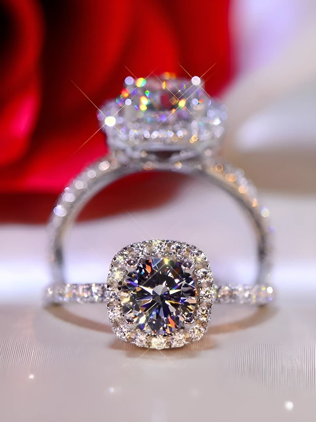Women's full diamond ring with eight hearts and eight arrows design, square shape, and adjustable size