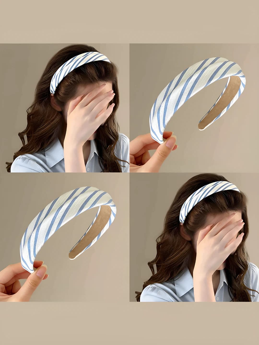 Women's summer Korean style blue wide headband, handmade, with bow and plaid pattern