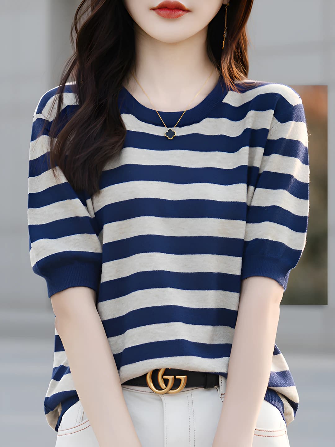 Women's striped short sleeve knit top, summer 2026, crew neck, slim fit, retro style