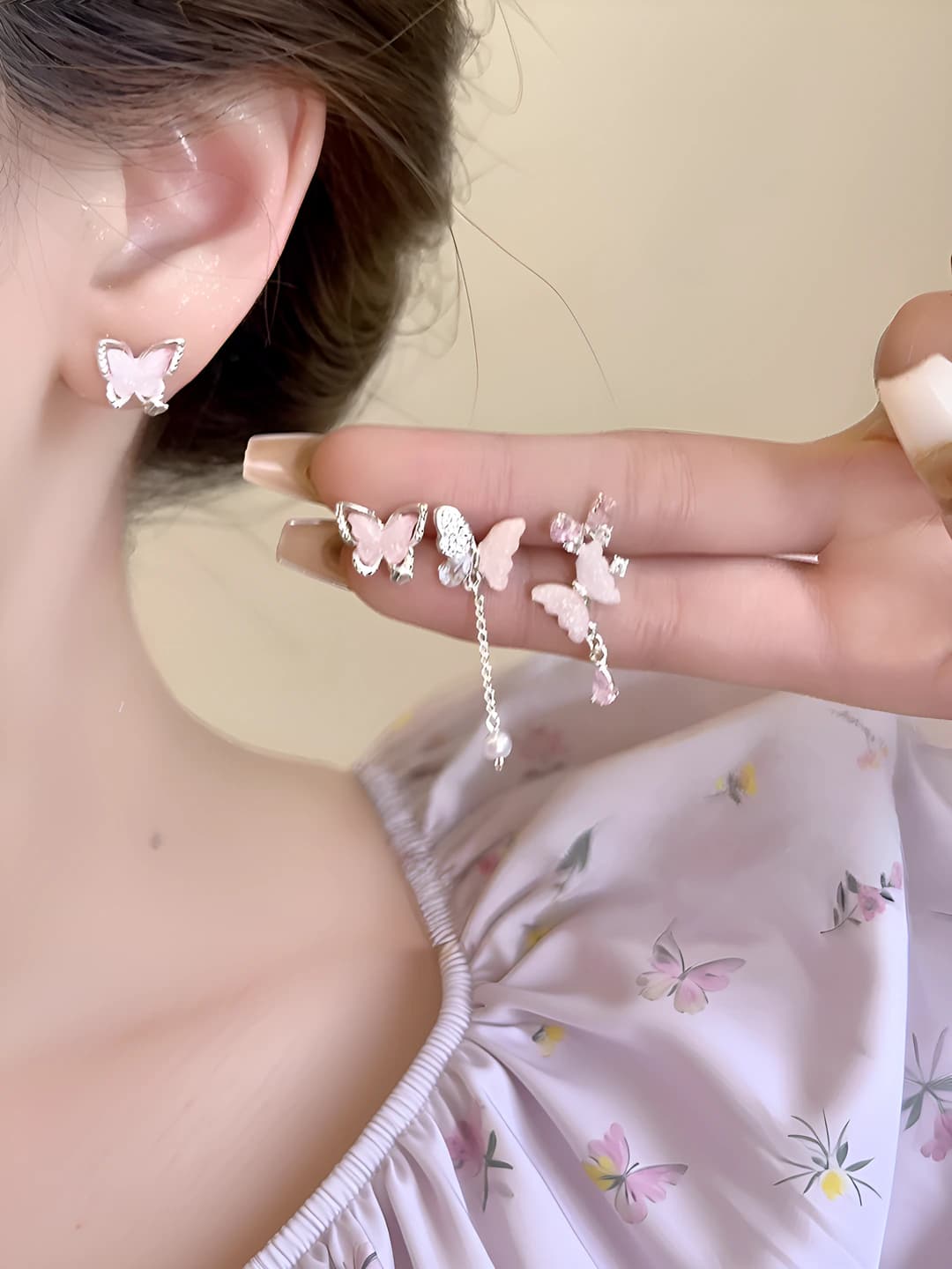 Women's long pink butterfly dangle earrings with 925 silver posts, summer