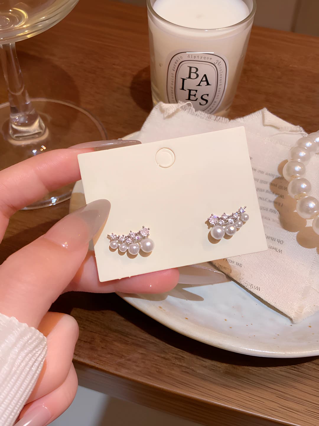 Women's geometric earrings with imitation pearl and zircon, micro-pave, electroplated, minimalist design