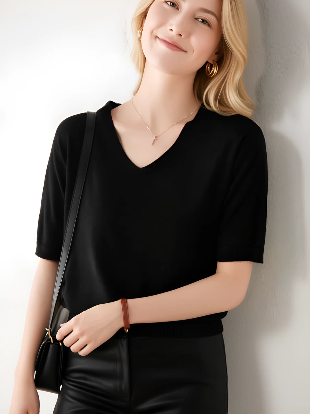 Women's thin solid colour V-neck short sleeve loose fit pullover for summer 2026