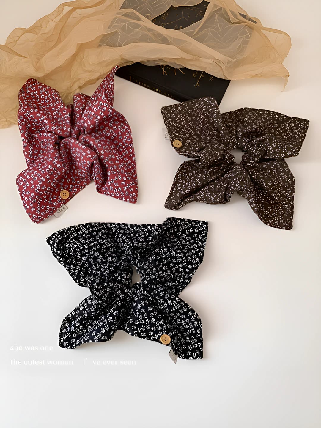 Women's stretchy floral fabric hair tie with retro design, Korean style, autumn-winter
