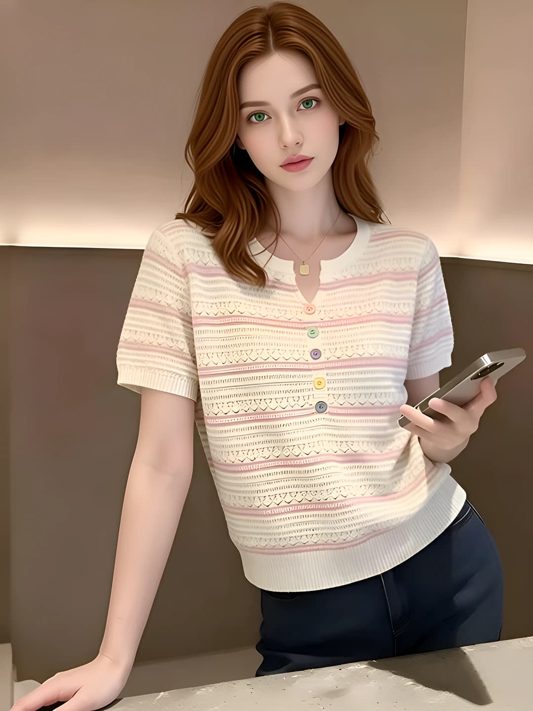 Ayollar uchun yozgi chiziqli, muz-ipak mato trikotaj sviter, bo'sh (oversize) kesim, V-yoqa, kalta yeng, nozik ko'rsatadigan