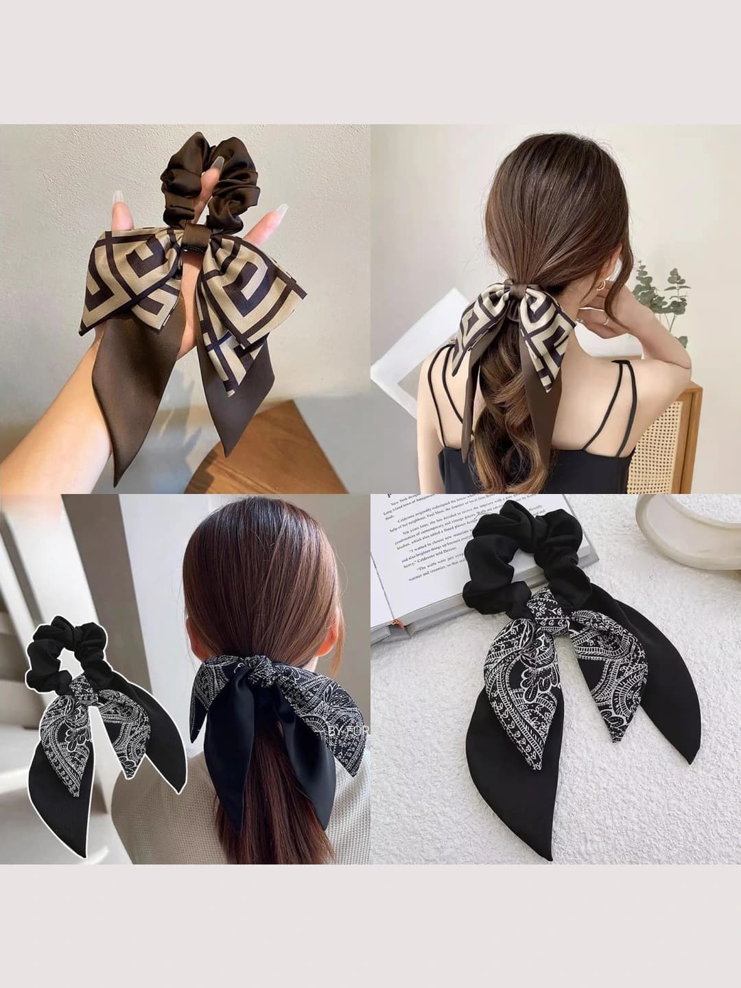 Women's stretchy bow ribbon hair tie with floral print: high elasticity, mixed material, handmade, OL style