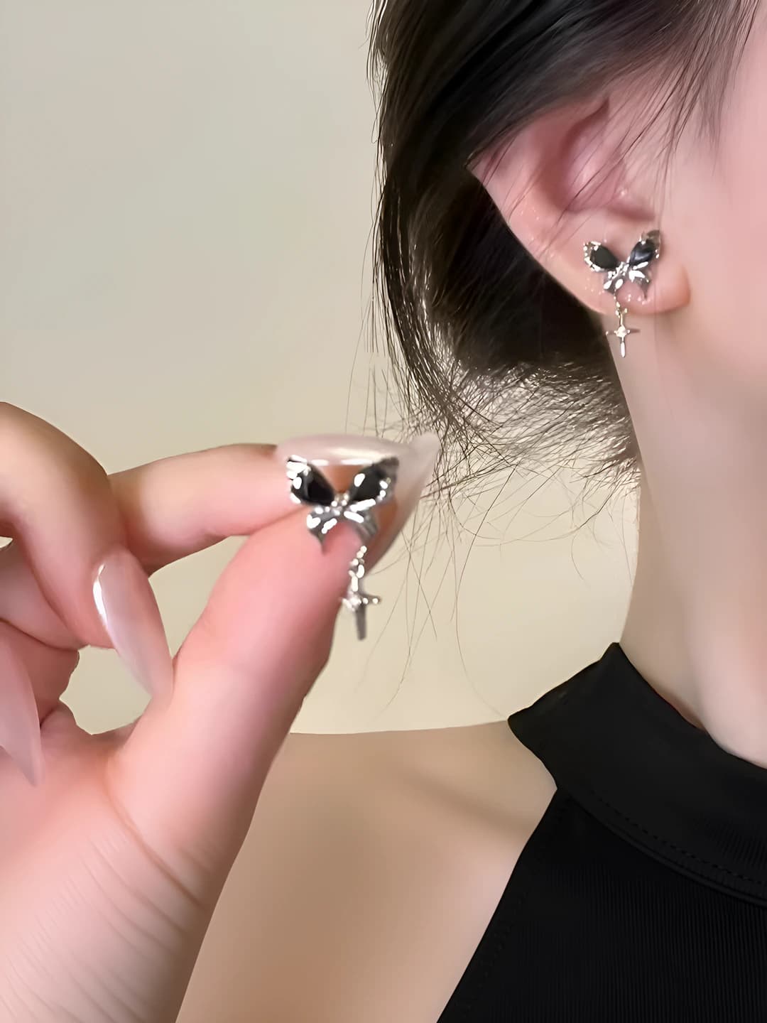 5# Sweet cool black bow tassel earrings
