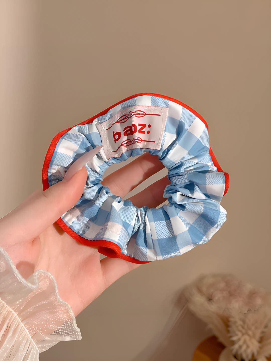 Blue plaid scrunchie ~12 cm