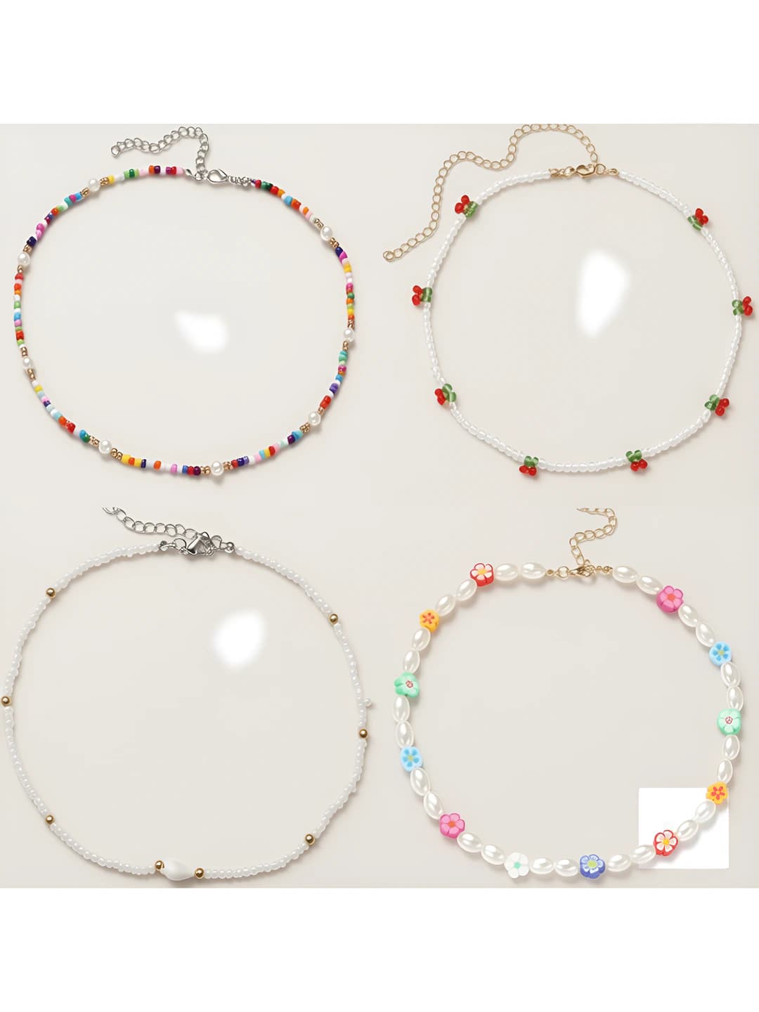 Women's white ABS pearl and shell necklace set: flower and cherry pendants