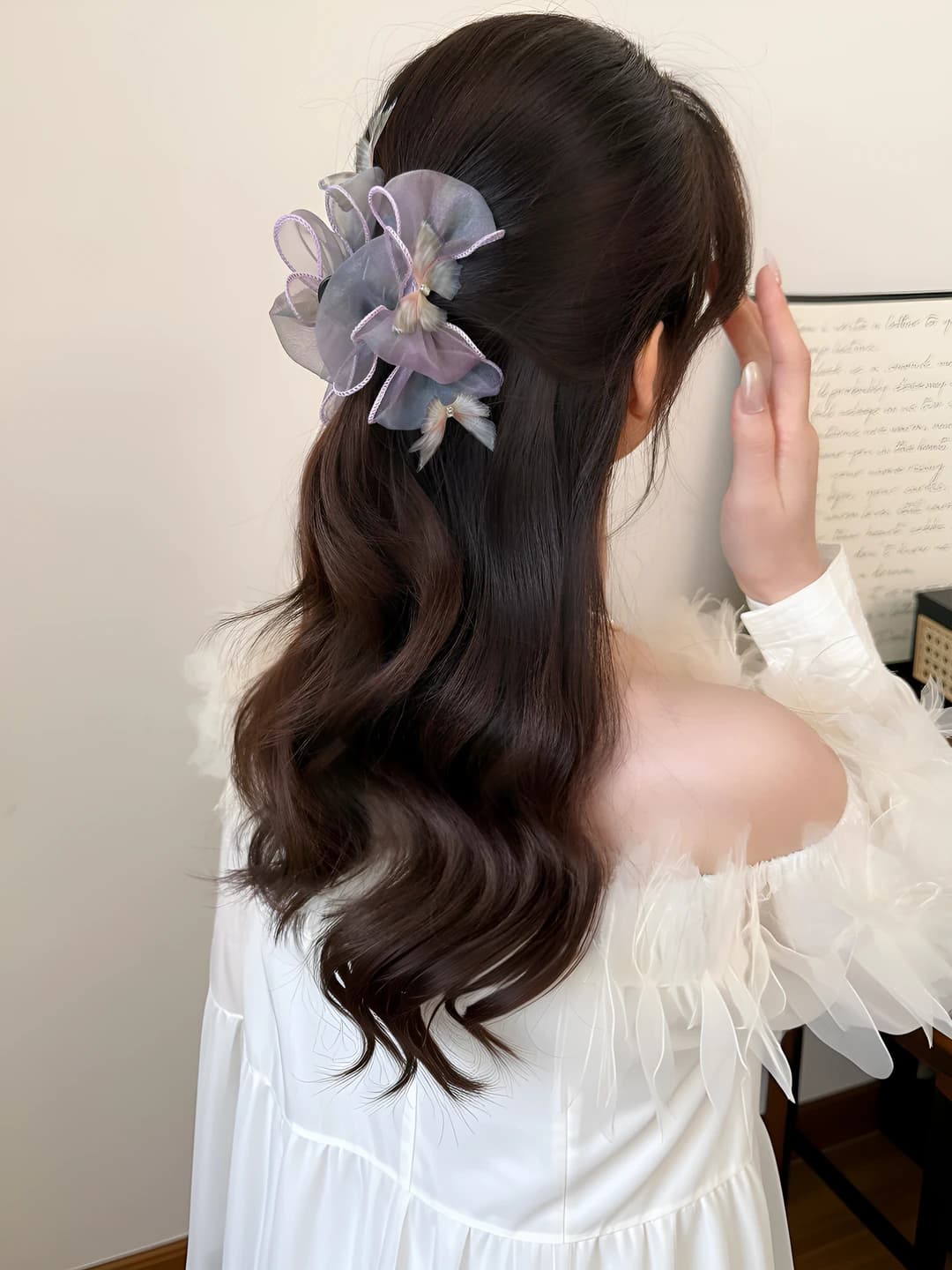 Women's hair clip (tulle bow claw clip): 2026, coffee green, tulle, bow, medium size
