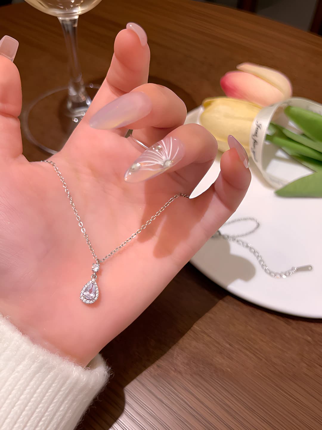 Women's teardrop zircon pendant necklace, titanium steel, regular chain, 31-40 cm