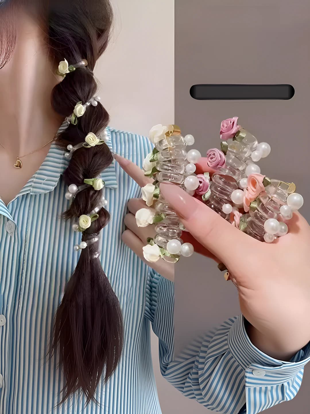 Women's rose pearl telephone wire hair tie for low ponytail