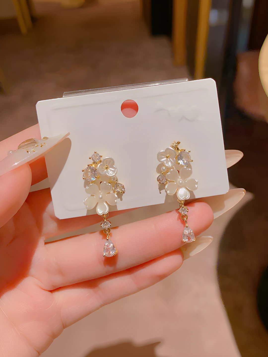 Long drop earrings with floral design and micro-set zirconia for women, with 925 silver post