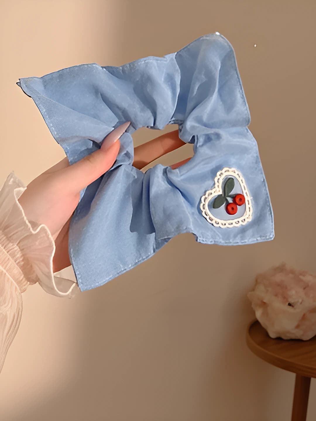Blue cherry square scarf scrunchie