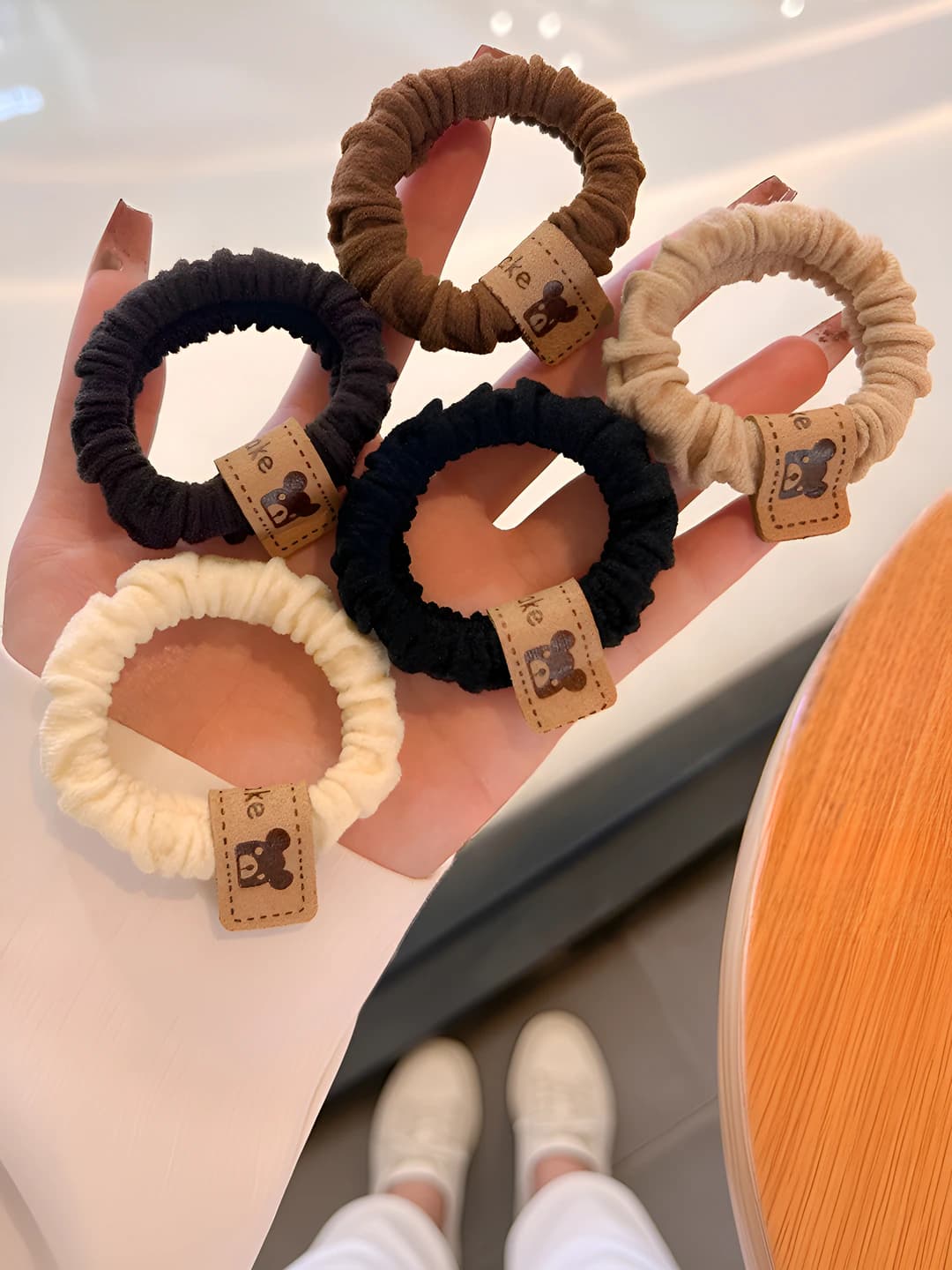 Women's thickened stretch scrunchie hair ties with bear, Korean style, cotton, handmade