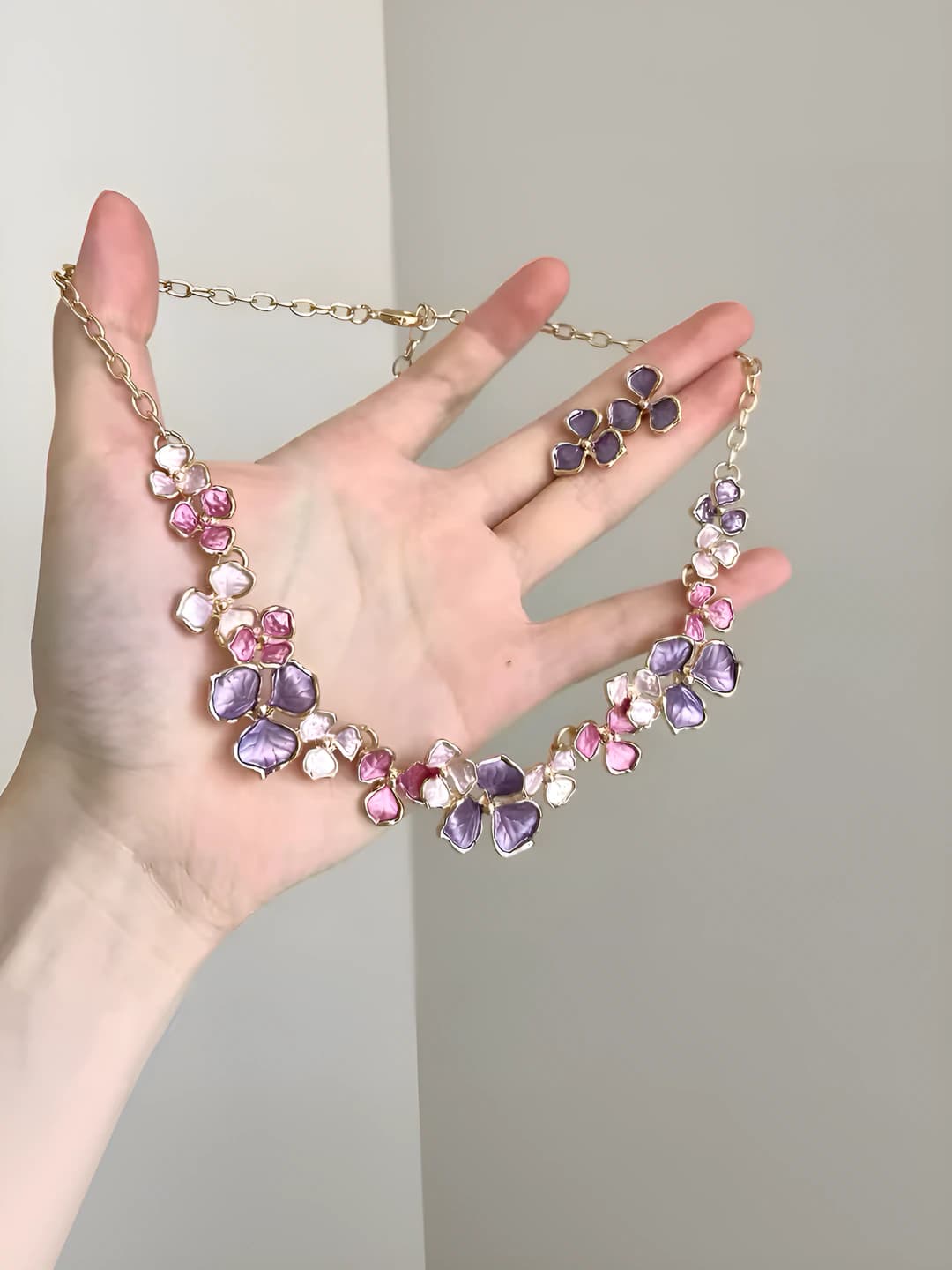 Purple floral enamel necklace earrings set
