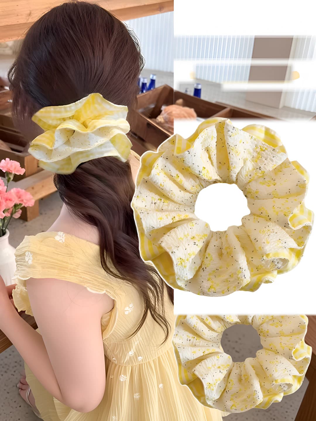 Women's Korean style checked floral stretch double-layer hair scrunchie