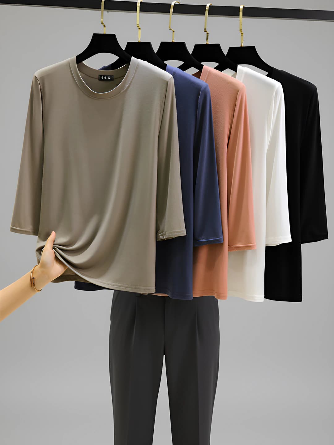 Women's autumn thin modal long-sleeve base top, three-quarter sleeve, crew neck, slim fit, solid colour, plus size
