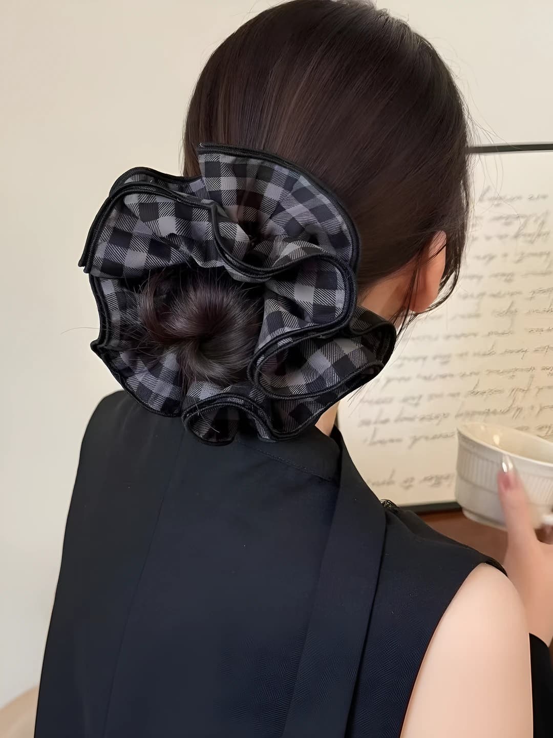Black double layer plaid hair tie