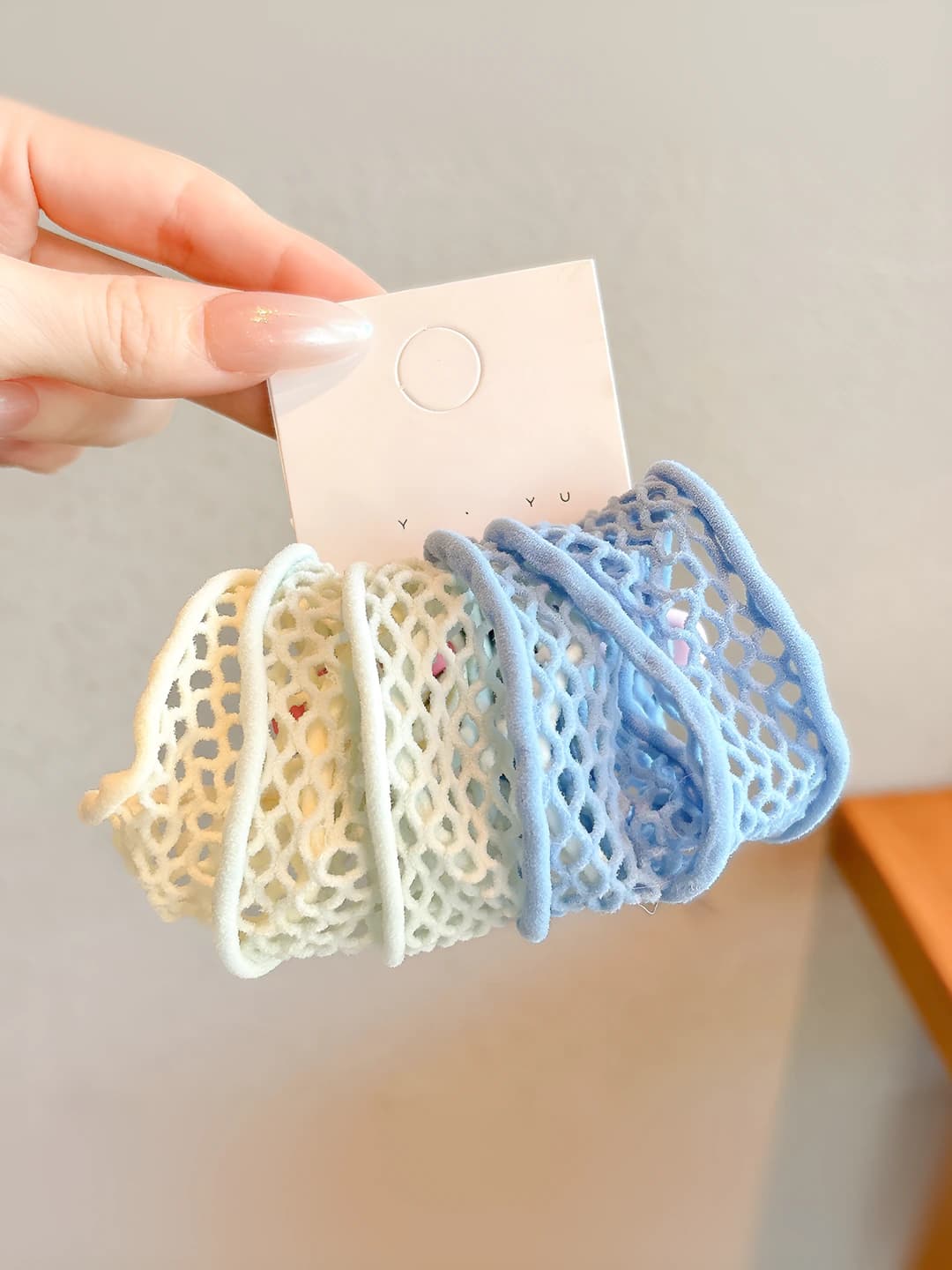 4# Sea salt blue mesh pattern hair tie - 5 pcs (one approx 6*3cm)