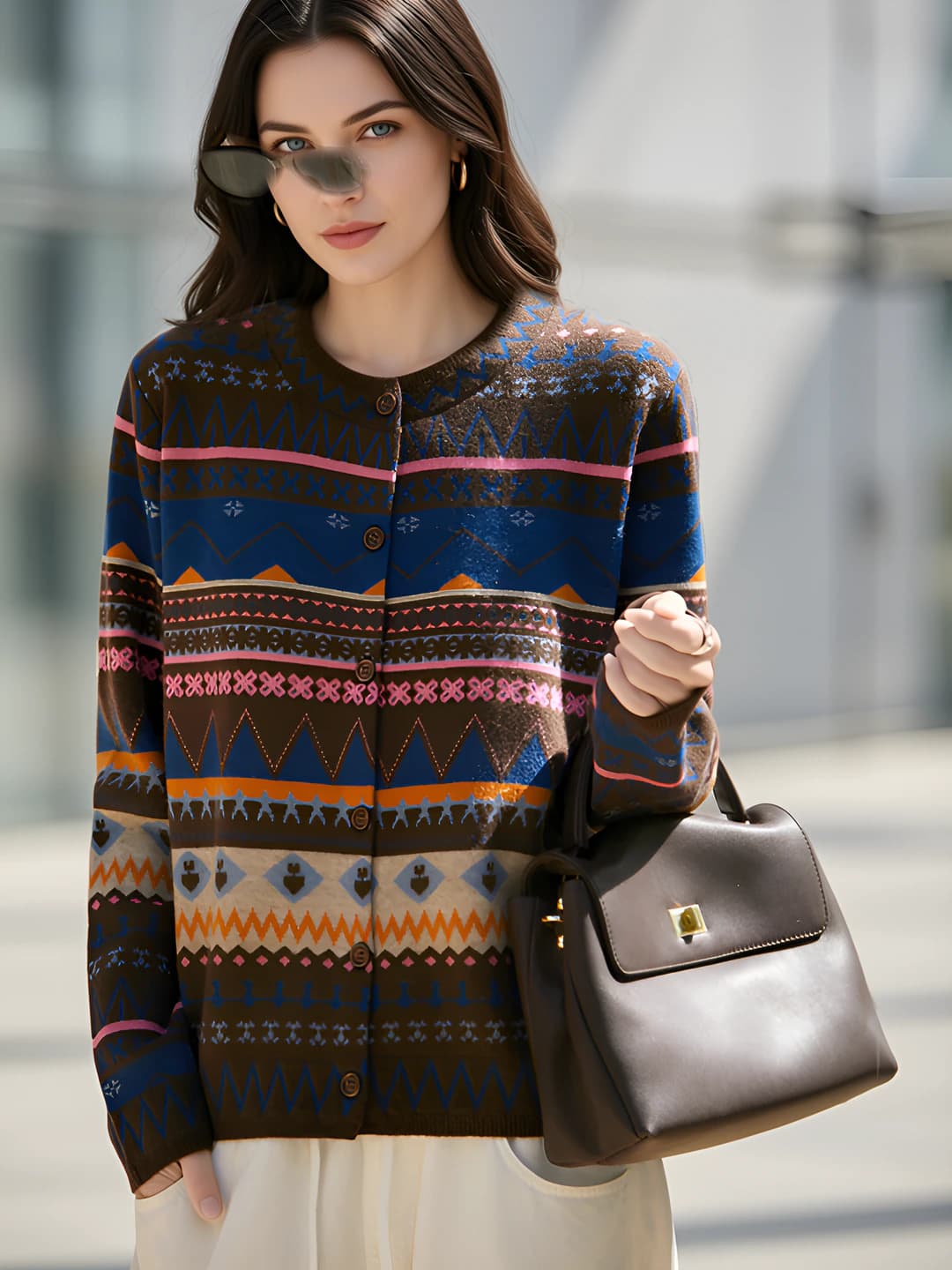 Women's retro style thick wool cardigan, long sleeve, ultra-thin fabric, colorful patterned knit top