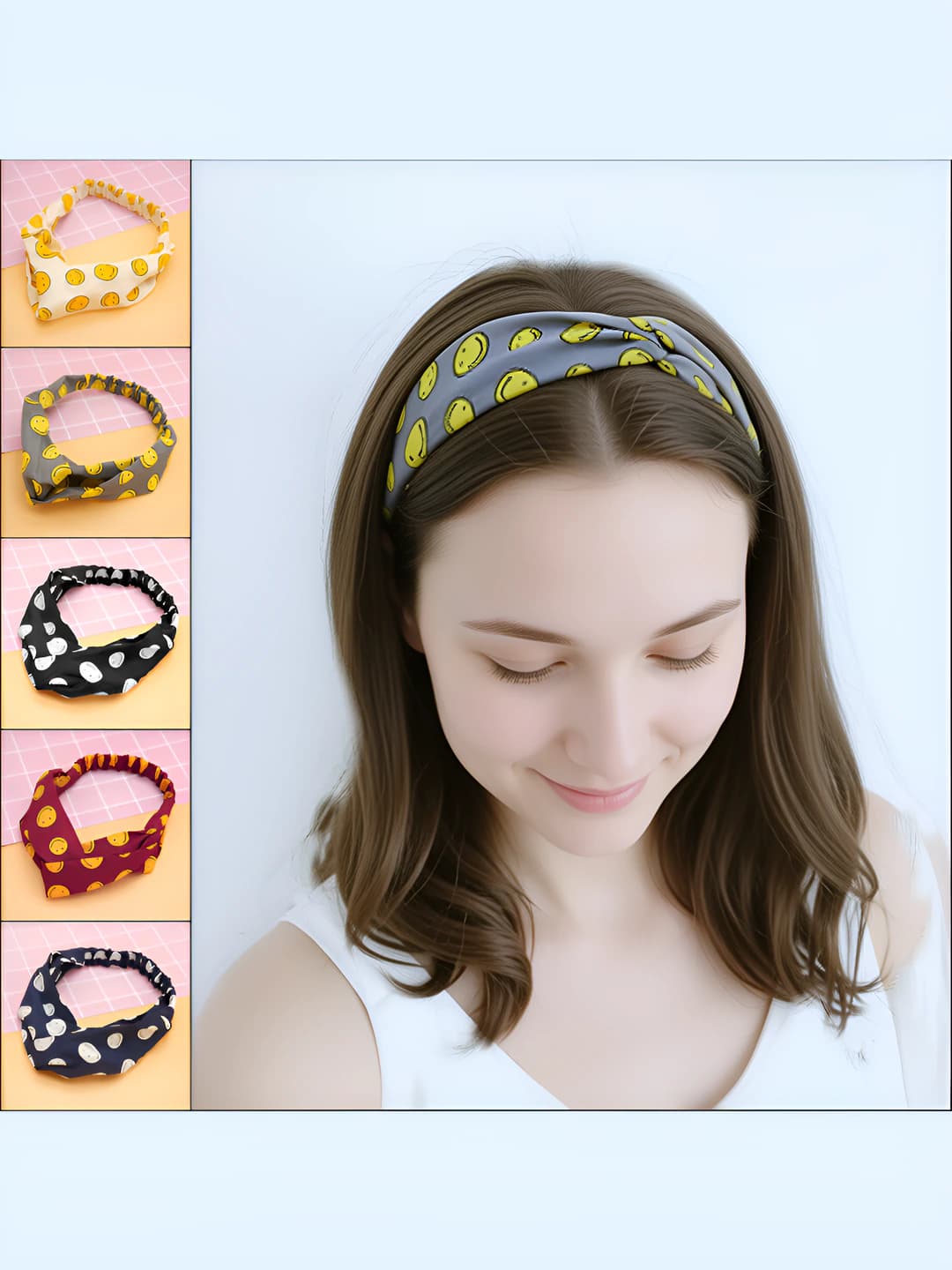 Women's headband in Korean style: patterned, geometric shape, multicolored, with ribbon and ribbon
