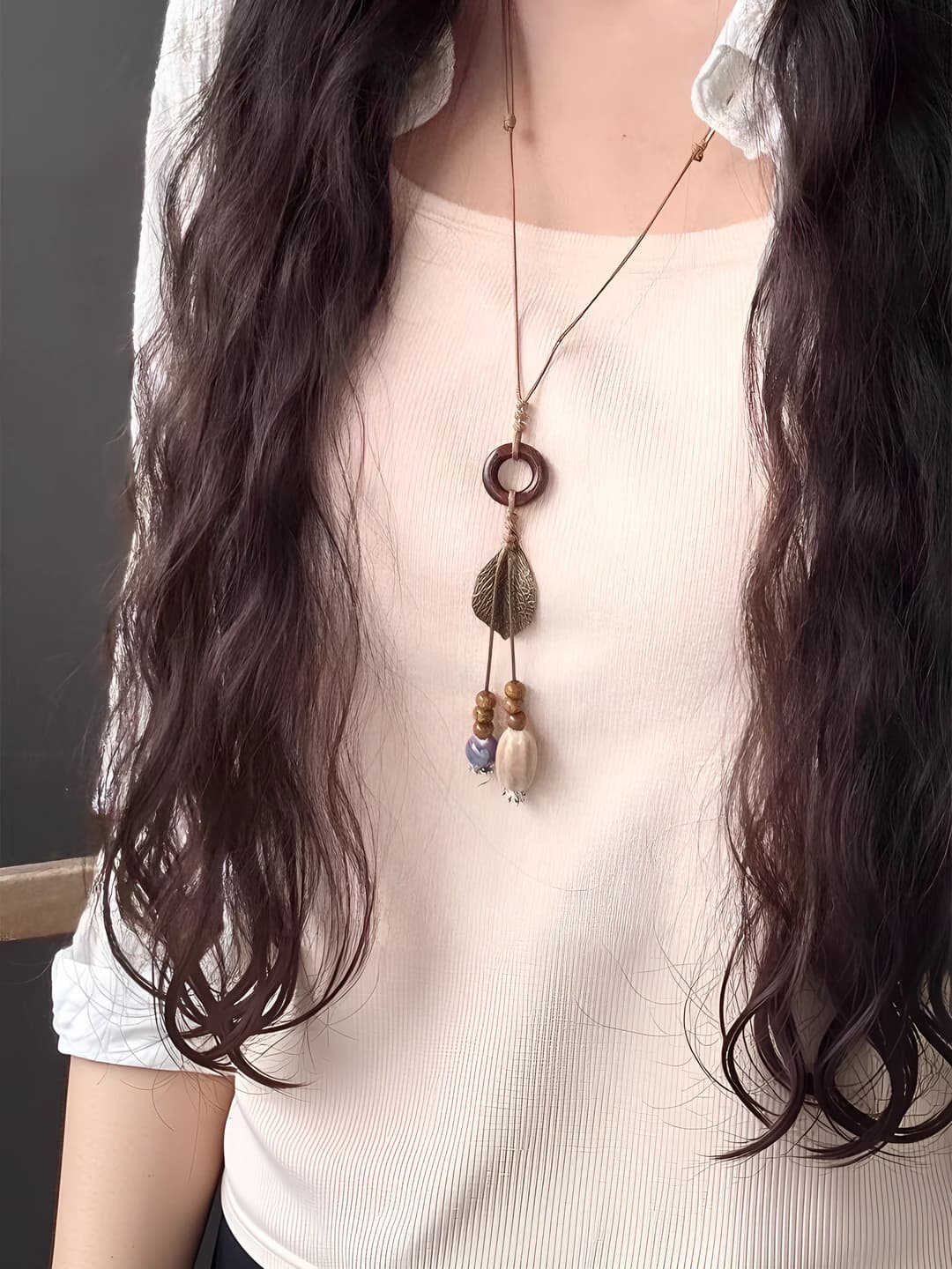 Women's long pendant necklace in retro style, bohemian and national style with tree leaf design element