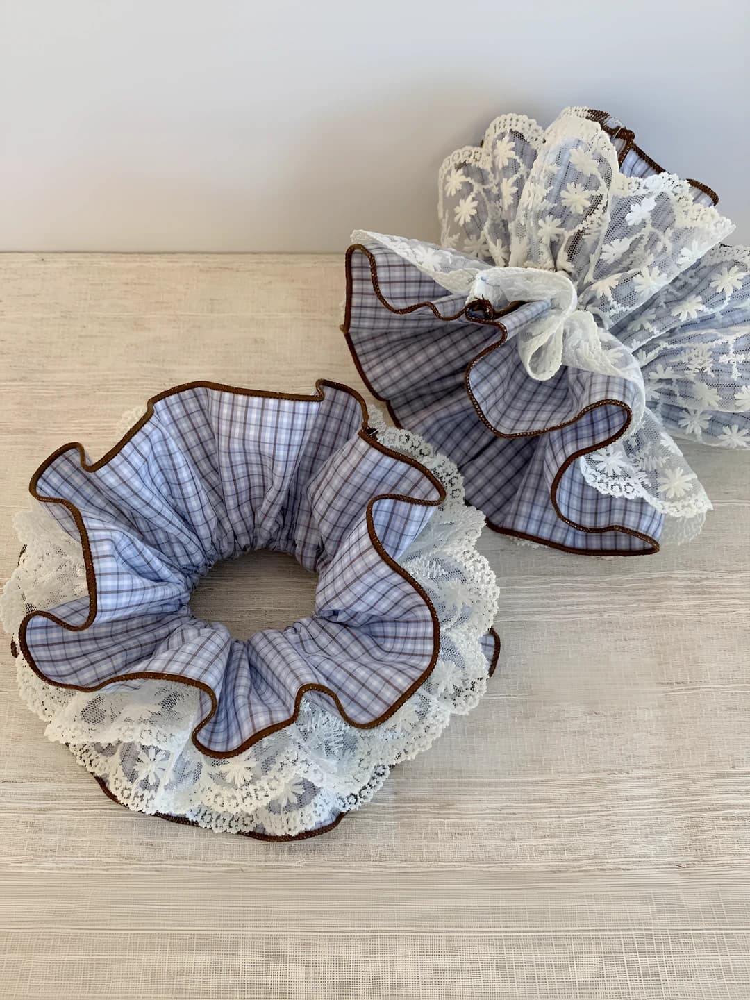 Blue plaid with coffee edge lace