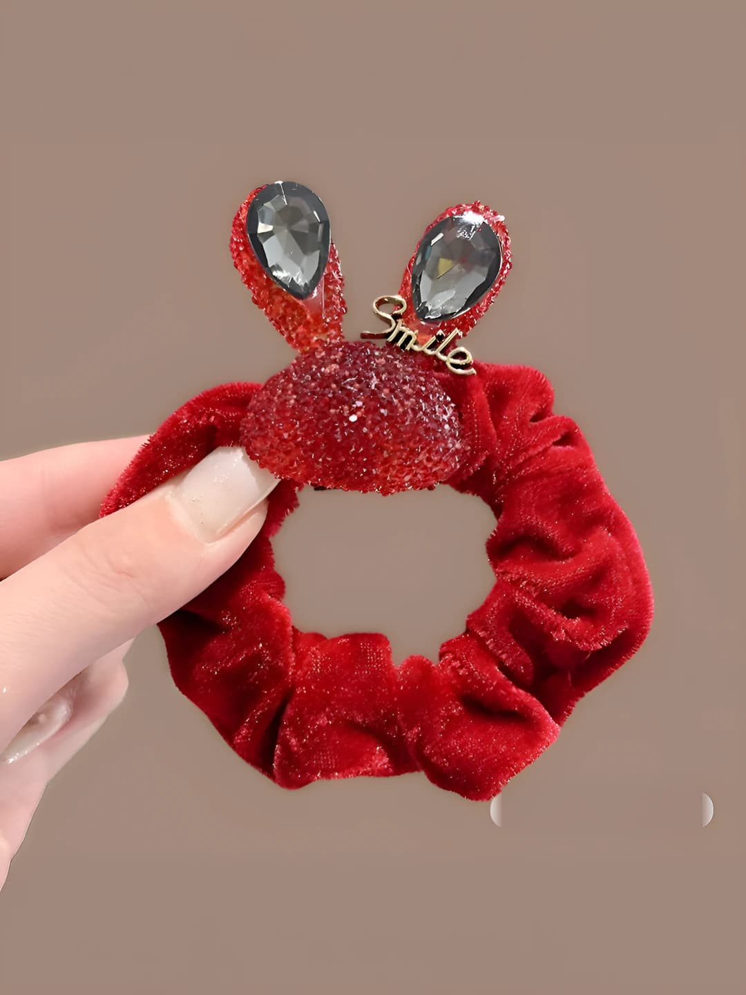 Red crystal rabbit velvet scrunchie
