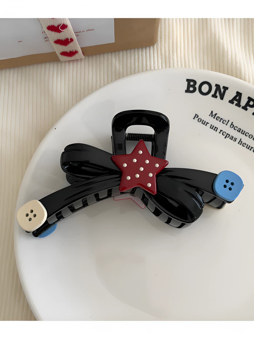 Black bow button clip - 13 cm