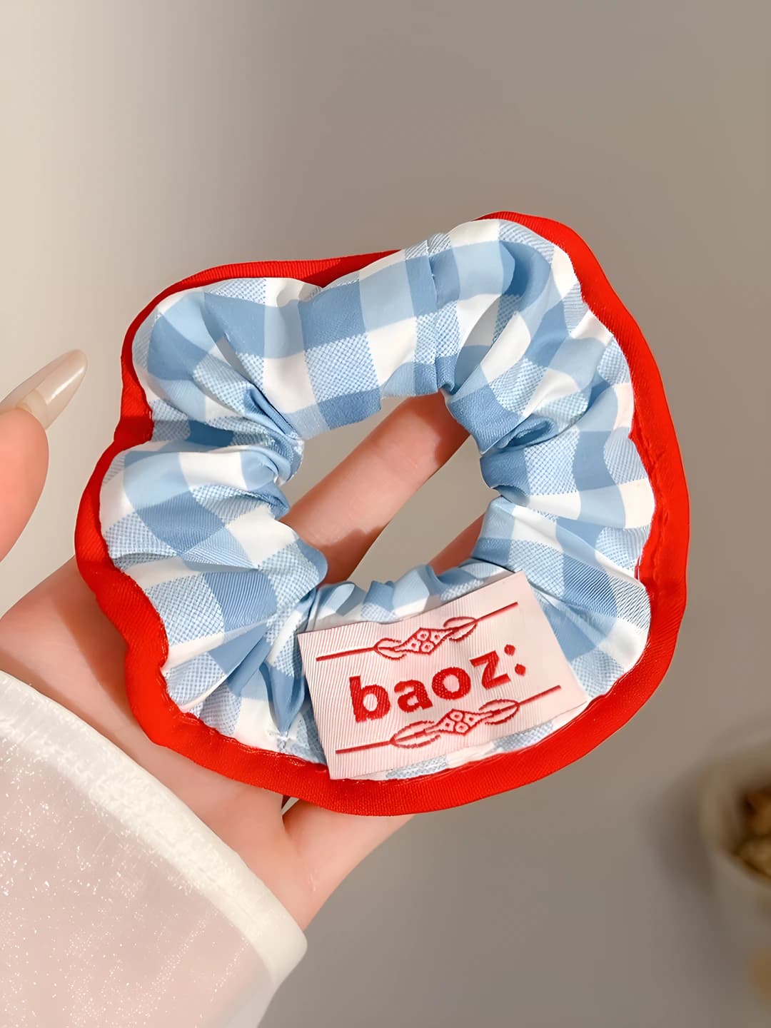 Blue plaid scrunchie ~12 cm