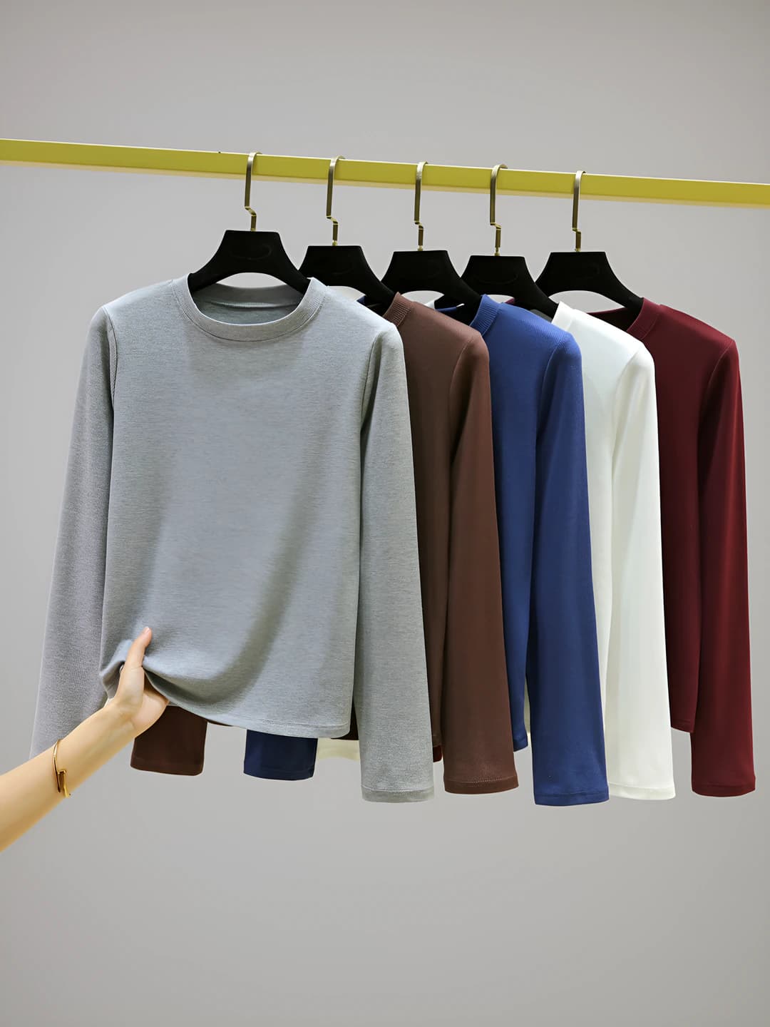 Women's long-sleeve base top, thin, slim fit, crew neck, solid colour, plus size, casual