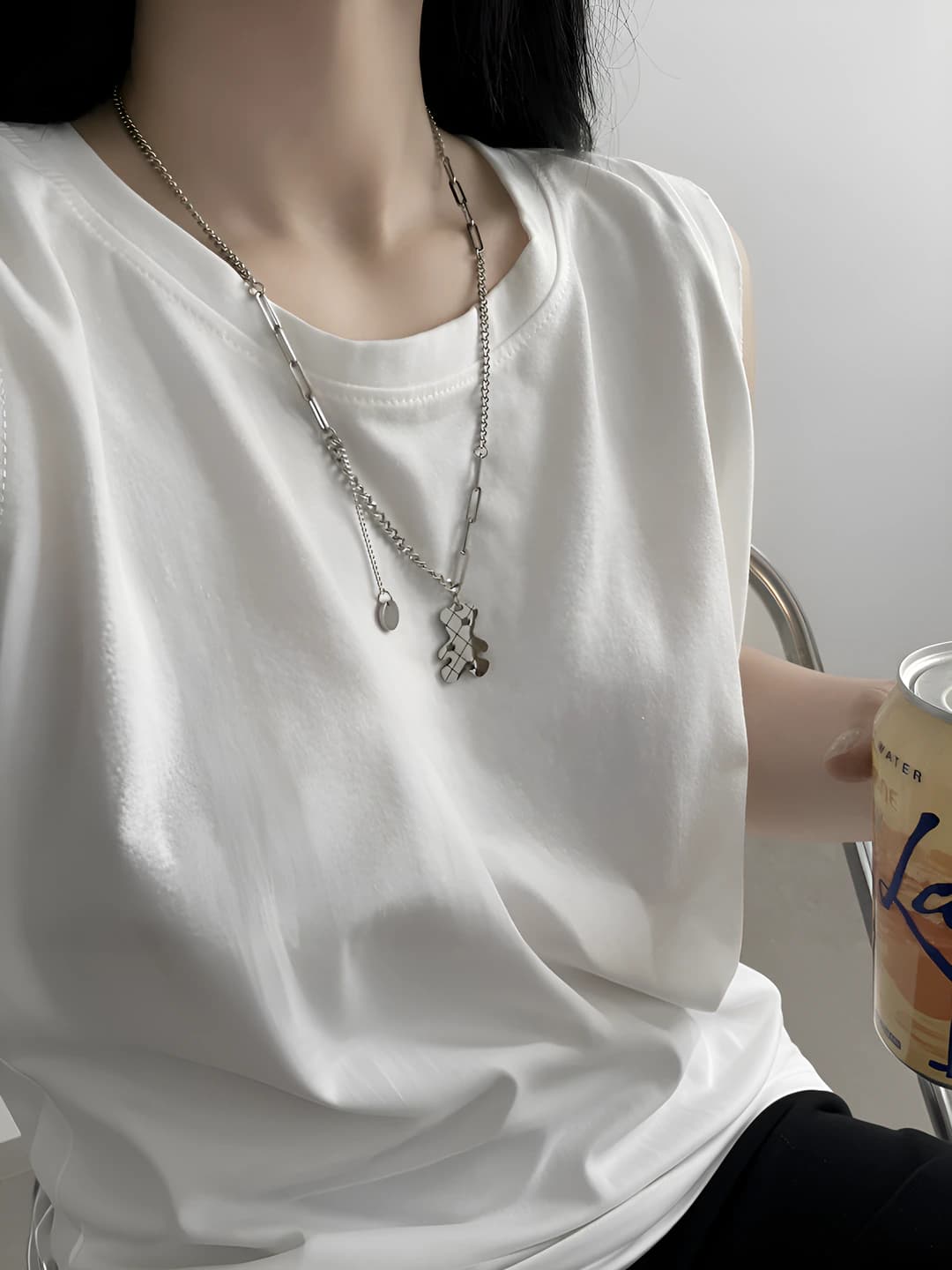 Women's tassel necklace with bear pendant in titanium steel