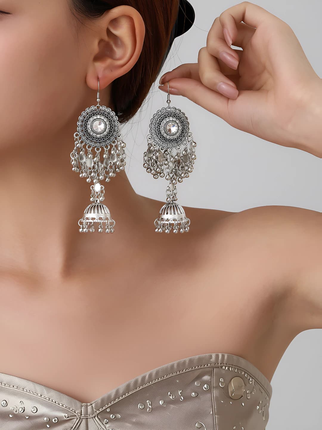 Women's long boho style retro earrings, colorful, diamond-inlaid, bell and tassel design