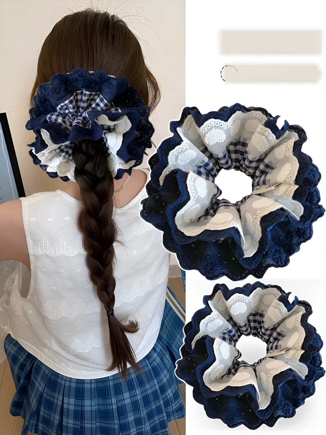 Women's lace hair scrunchie: Korean style, retro, preppy style, plaid pattern, heart shape, loose fit