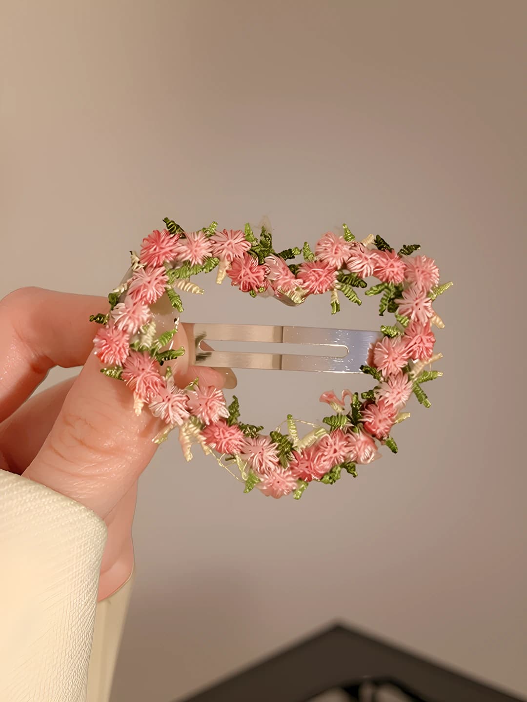 Pink embroidered heart clip