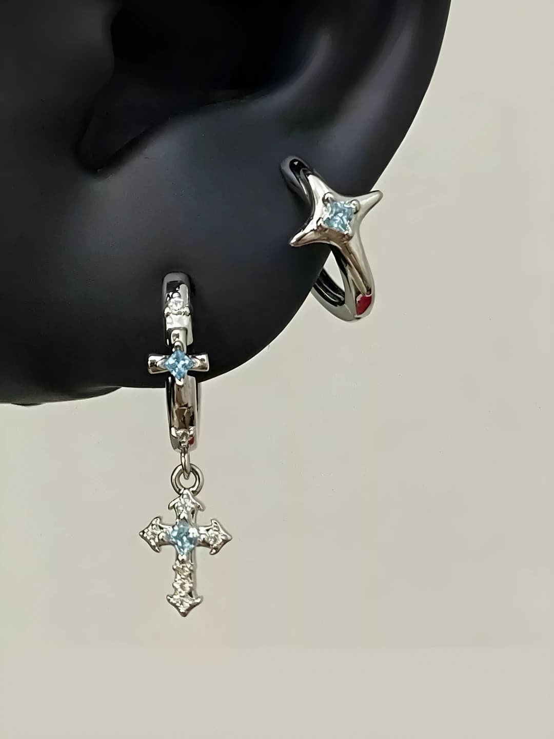 Women's 316L titanium steel straight post earrings, sparkling light blue, four-pointed star and cross design, hypoallergenic earrings