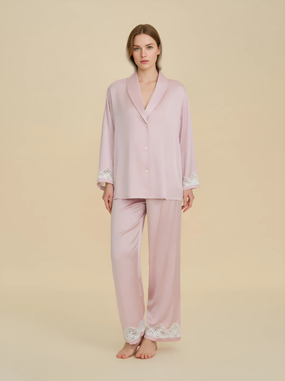 Women's pajama set: long-sleeve top and trousers, V-neck, thin fabric, loungewear for spring-autumn