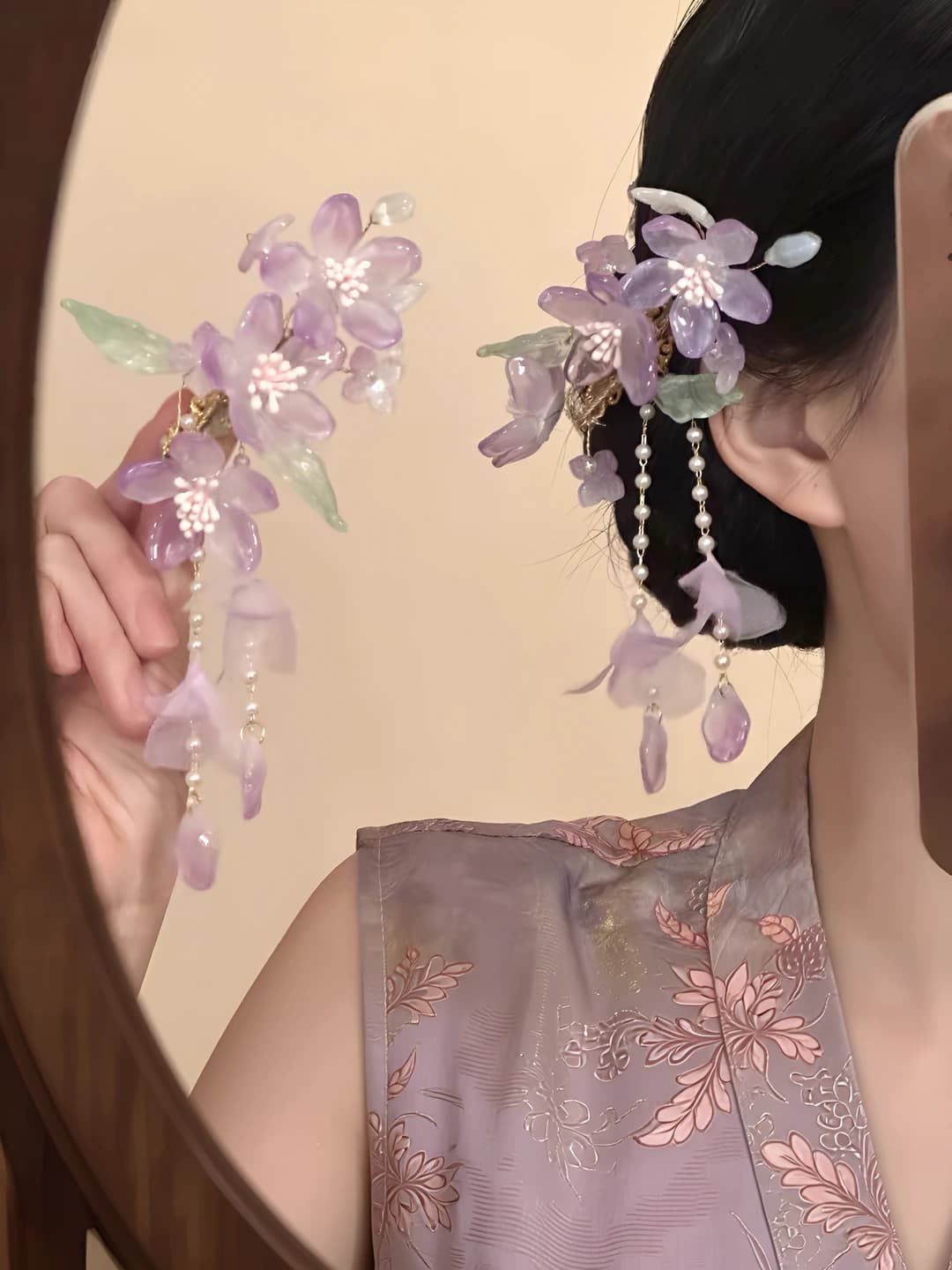 Women's hair clips and combs with floral design, purple, new Chinese style, handmade