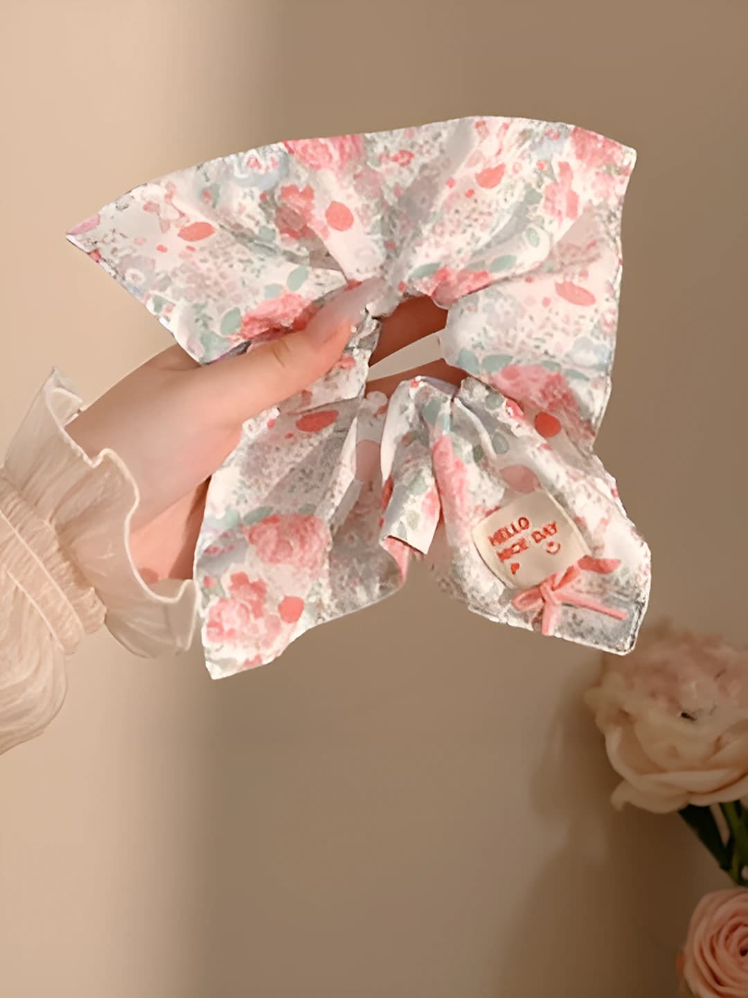 3# Pink floral square hair tie