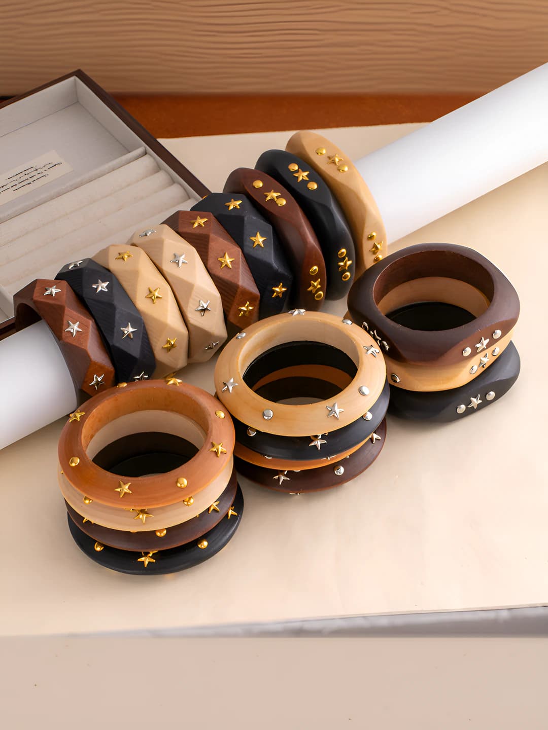 Women's retro geometric rivet wooden bracelet