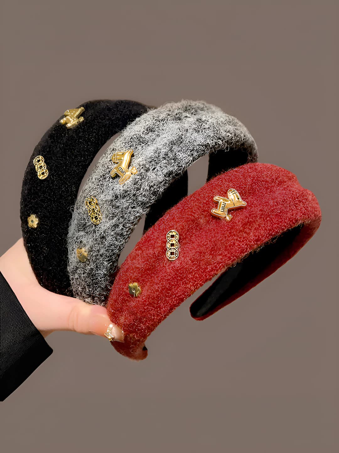 Women's autumn-winter red fuzzy wide headband with metal horse pins