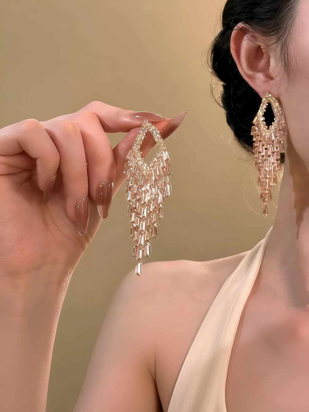 Women's long rhinestone tassel drop earrings, teardrop shape, 14k gold post, light luxury style